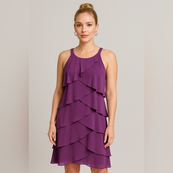 SL Fashions Women's Cold-Shoulder Size 14 Purple Tiered Dress W Embellishments. - Picture 1 of 5